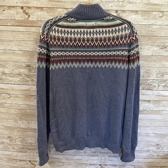 IZOD Mens Large Sweater Fair Isle Pullover 1/4 button up Knitted Blue BluishGray - Picture 6 of 9